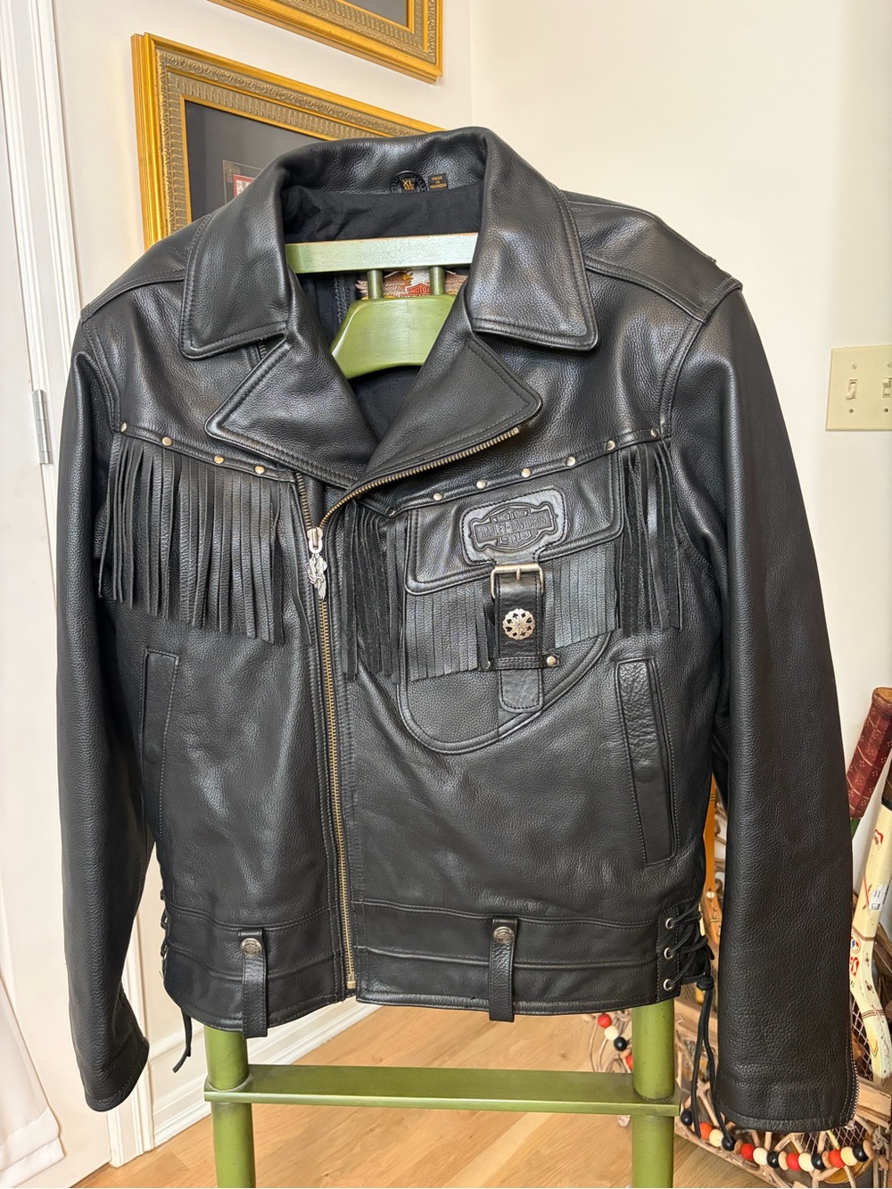 Rare Harley-Davidson Border Hawk Black Leather Fringe Biker Jacket